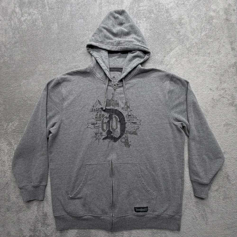 Disney Parks Hoodie Mens XL Gray Full Zip Fleece Sweatshirt Disneyland60 Graphic